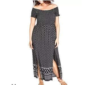 City Chic Black Smocked Off-the-Shoulder Maxi Dress XL (22/24)